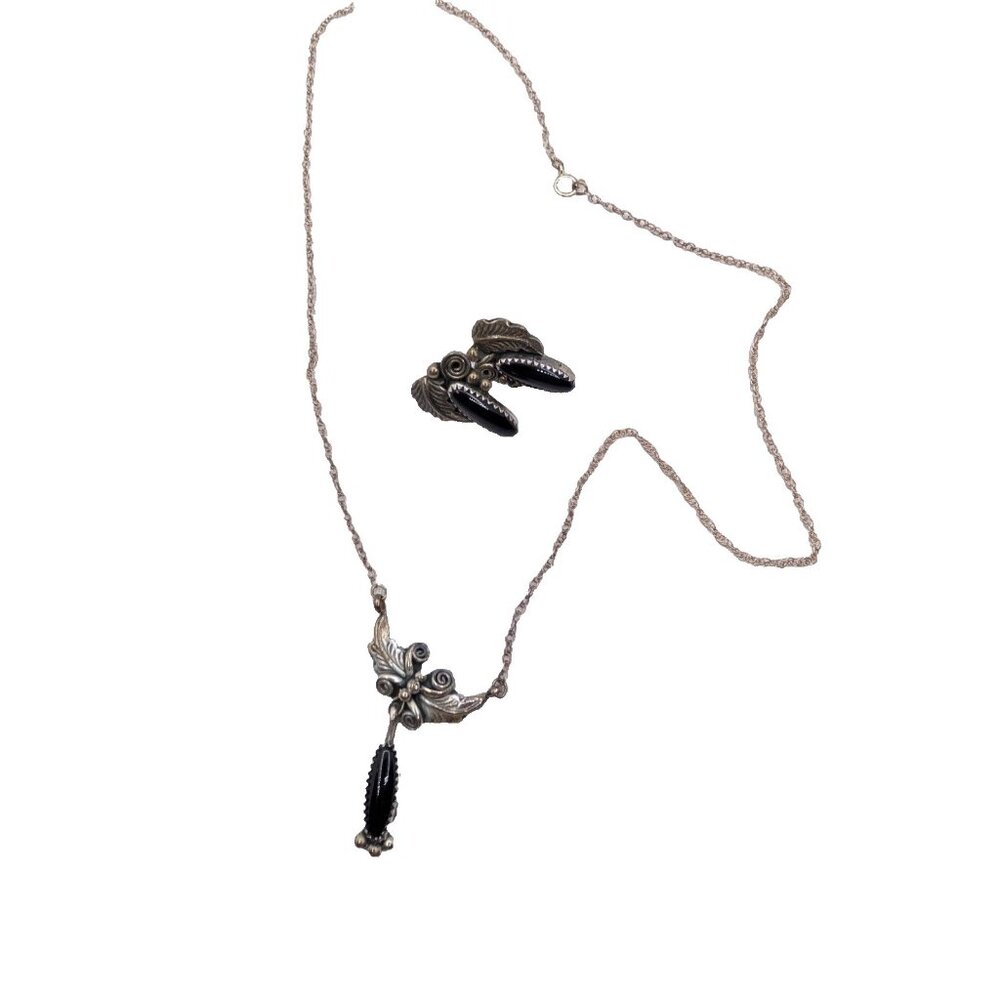 Navajo Sterling Onyx RB Richard Begay Earrings & RR Russ Rockbridge Necklace Set